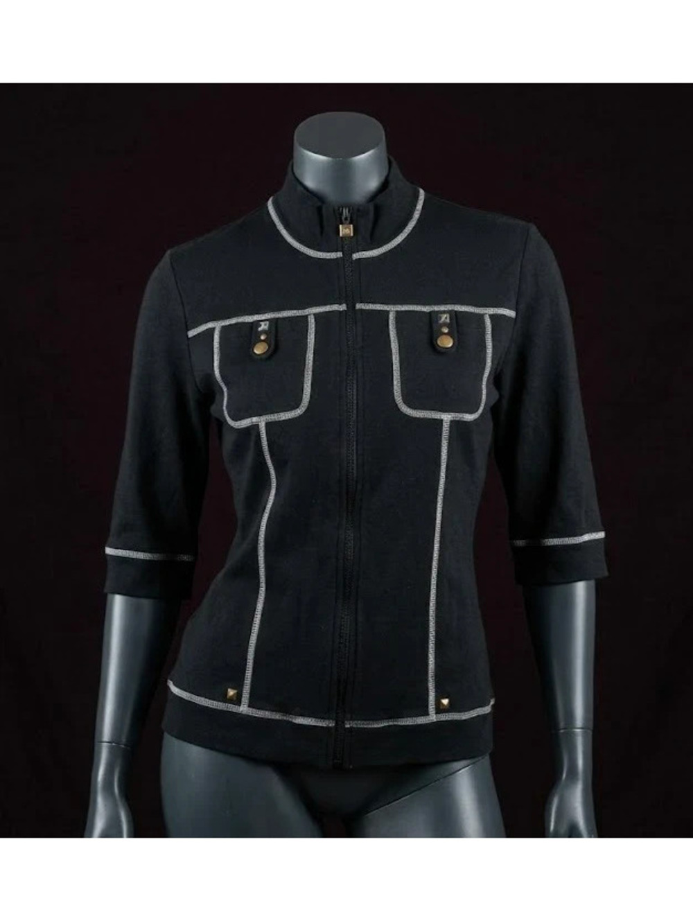 Onque Casuals Black Contrast Stitch Zip Jacket 3/4 Sleeve Size L